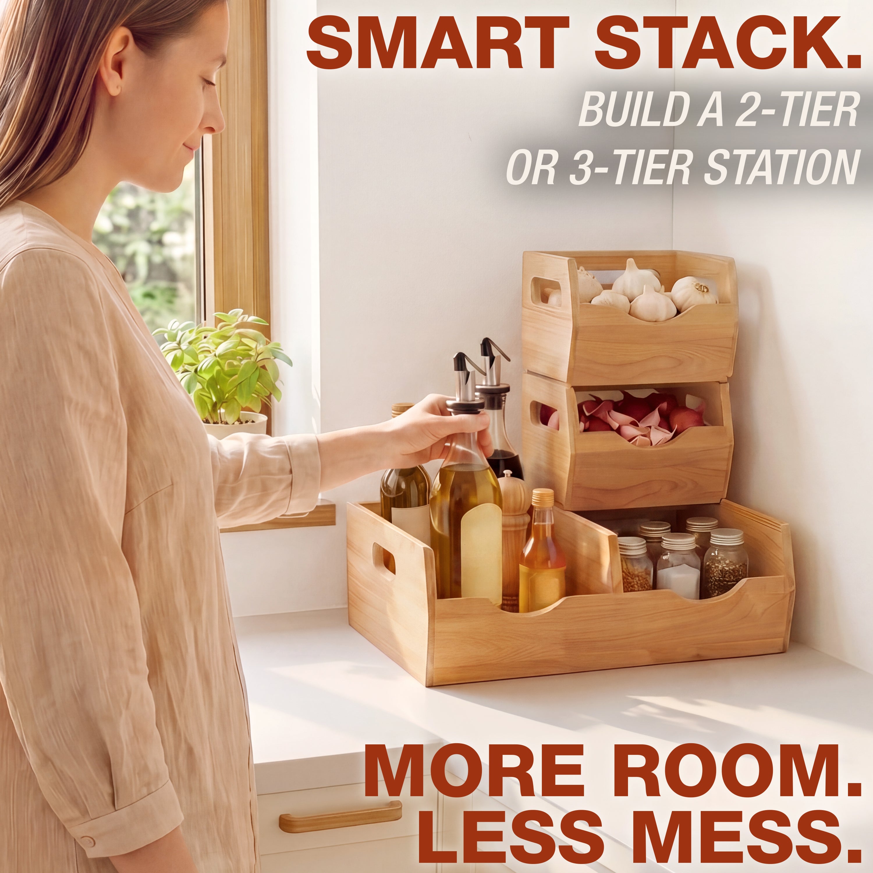 HOMESTEAD Stackable Solid Wood Storage Bins for Pantry & Countertop