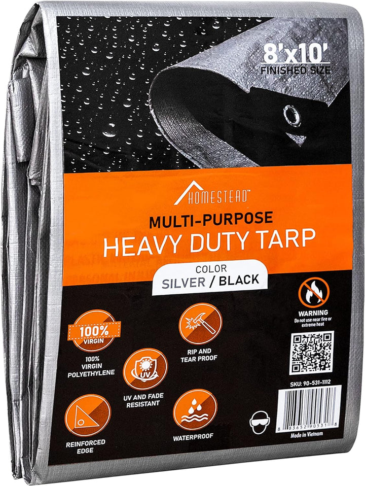 HOMESTEAD Waterproff Tarp 8' x 10', Medium Duty 10 Mil Poly Tarp Cover with Metal Grommets, Great for Outdoor Storage and Home Use - Silver/Black