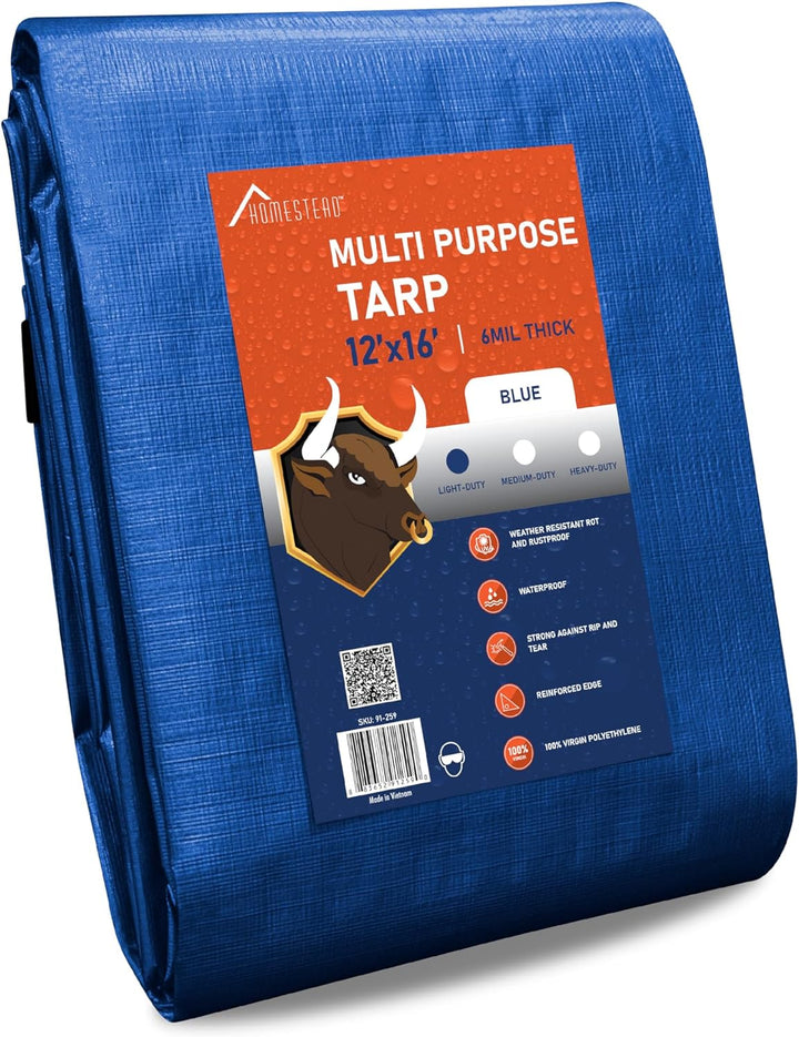 HOMESTEAD Blue Tarp 12' x 16', Multi-Purpose Waterproof Poly Tarp with Metal Grommets, 6 Mil Thick, Great for Camping, Tent, Boat, RV, Car