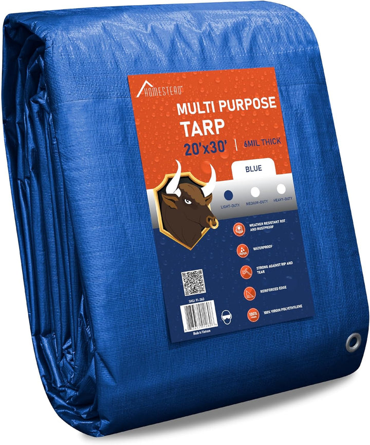 HOMESTEAD Blue Tarp 20' x 30', Multi-Purpose Waterproof Poly Tarp with Metal Grommets, 6 Mil Thick, Great for Camping, Tent, Boat, RV, Car