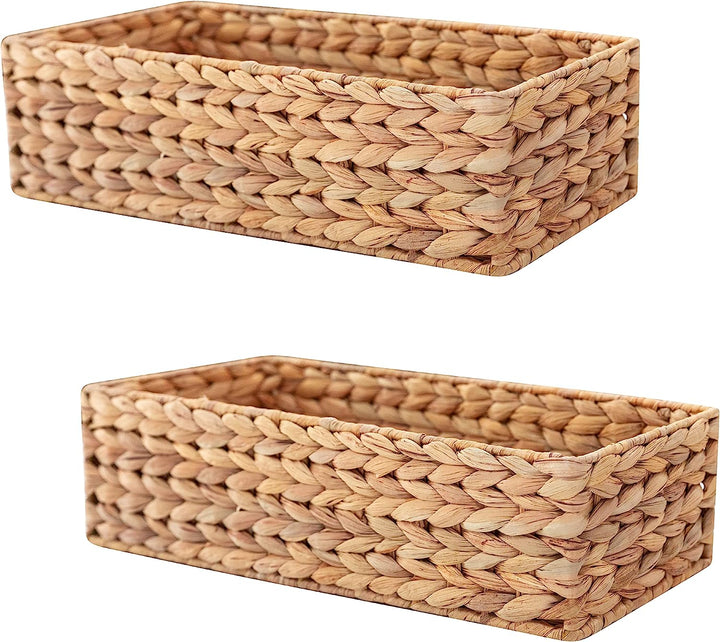 HOMESTEAD Water Hyacinth Storage Baskets, Long Narrow Rectangular Wicker Baskets for Bedroom, Living Room, Bathroom, Shelves - Set of 2