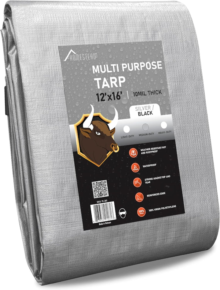 HOMESTEAD Waterproff Tarp 12' x 16', Medium Duty 10 Mil Poly Tarp Cover with Metal Grommets, Great for Outdoor Storage and Home Use - Silver/Black