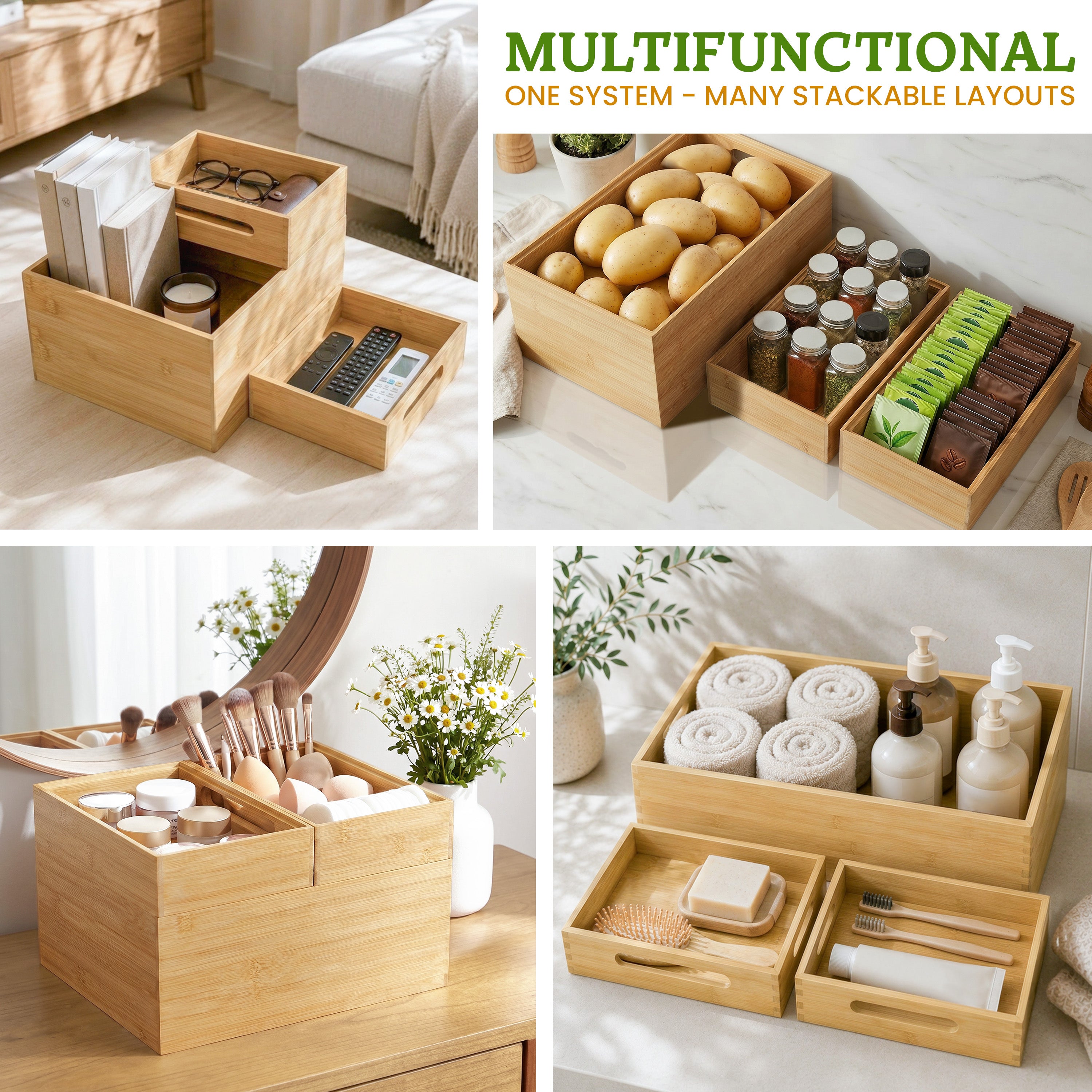 HOMESTEAD 3-Piece Stackable Bamboo Storage Box, Large Storage Bin, Wooden Boxes for Makeup Drawer Organizer Bathroom, Office Supplies, Kitchen Utensils, Bamboo Storage Containers,