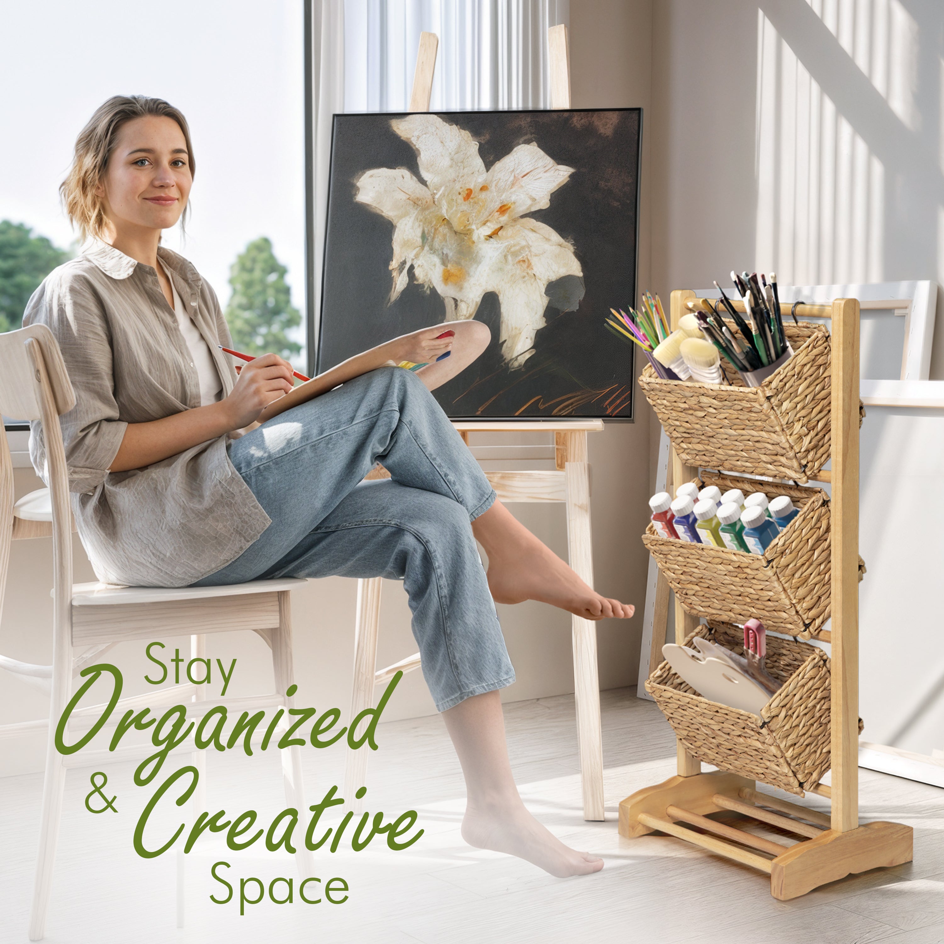 HOMESTEAD 3-Tier Wooden Shelf with Water Hyacinth Woven Baskets