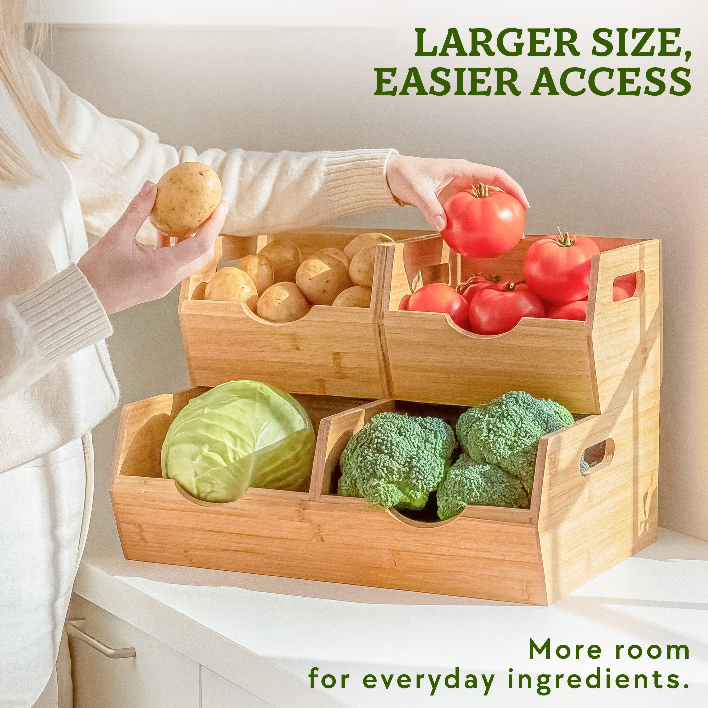 HOMESTEAD Extra Large Bamboo Pantry Storage Bins – 30% Larger, Stackable Potato Onion Storage Bin, Set of 3