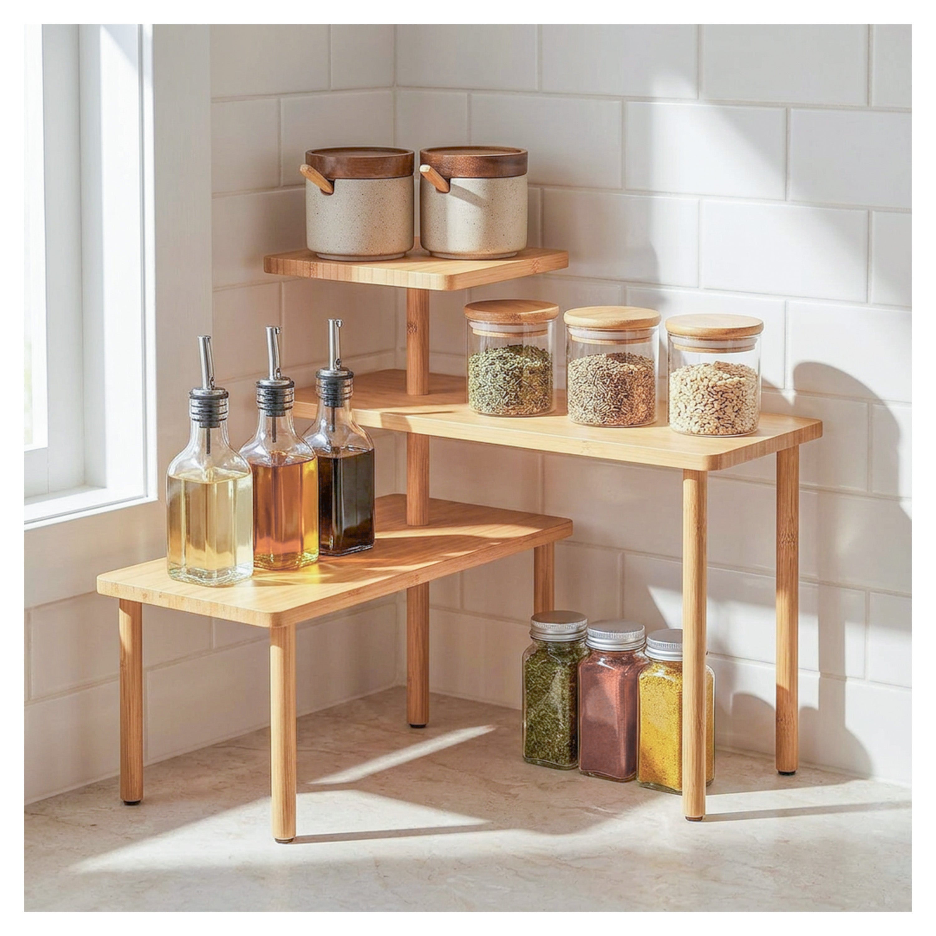 HOMESTEAD 3-Tier Bamboo Corner Shelf Organizer, 90° or 180° Layout Countertop Organizer for Kitchen, Bathroom, Coffee Bar, Spice Rack, Space Saving Storage Shelves, Adjustable Leveling Feet
