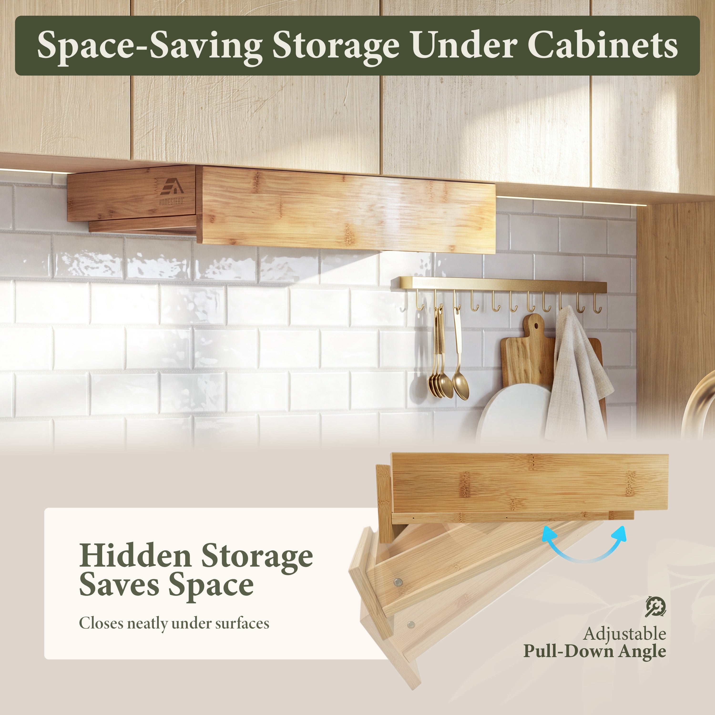 HOMESTEAD Under Cabinet Spice Rack Organizer, Pull Down 2 Tier Bamboo Shelf
