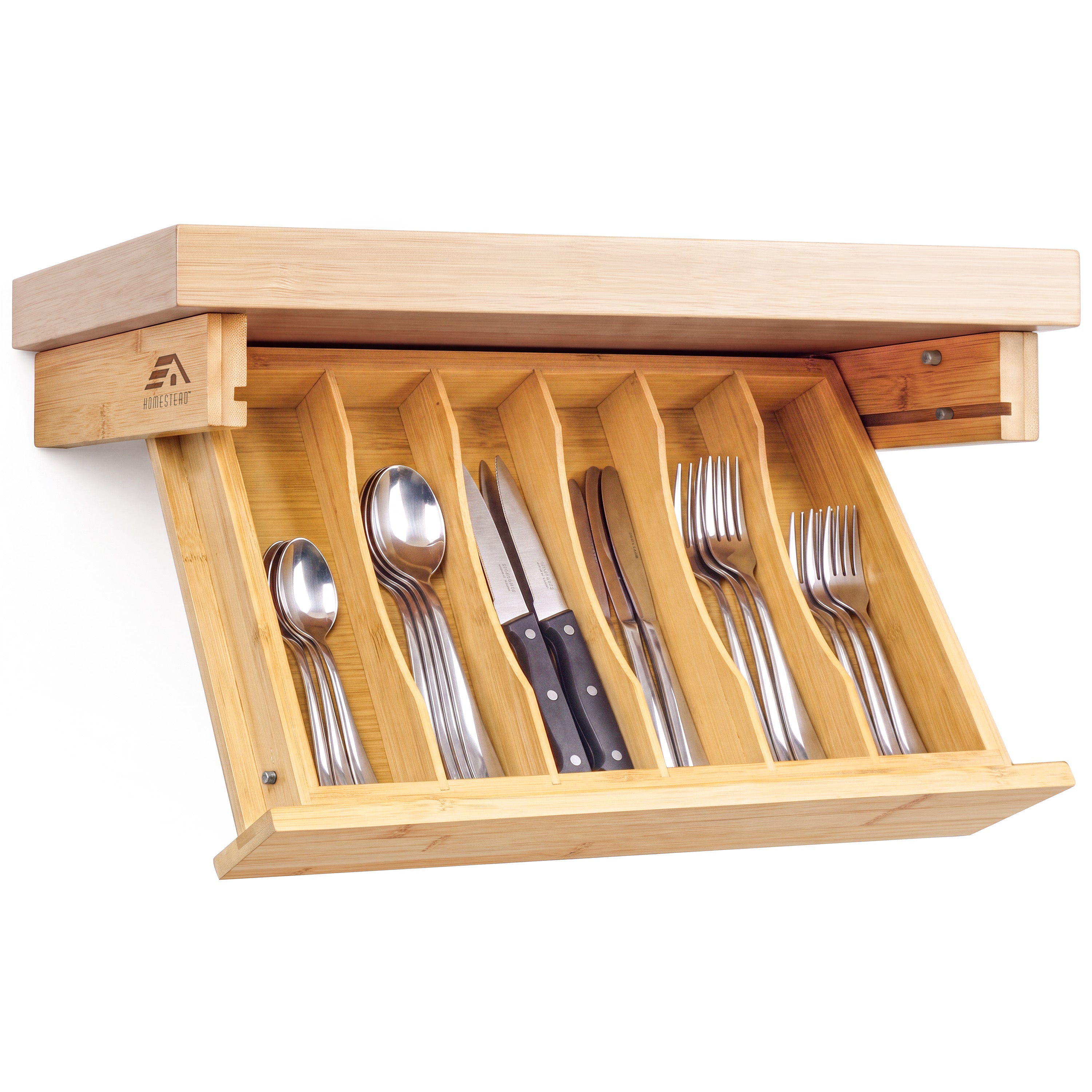 HOMESTEAD Bamboo Silverware Organizer, Under Cabinet Pull Down Storage
