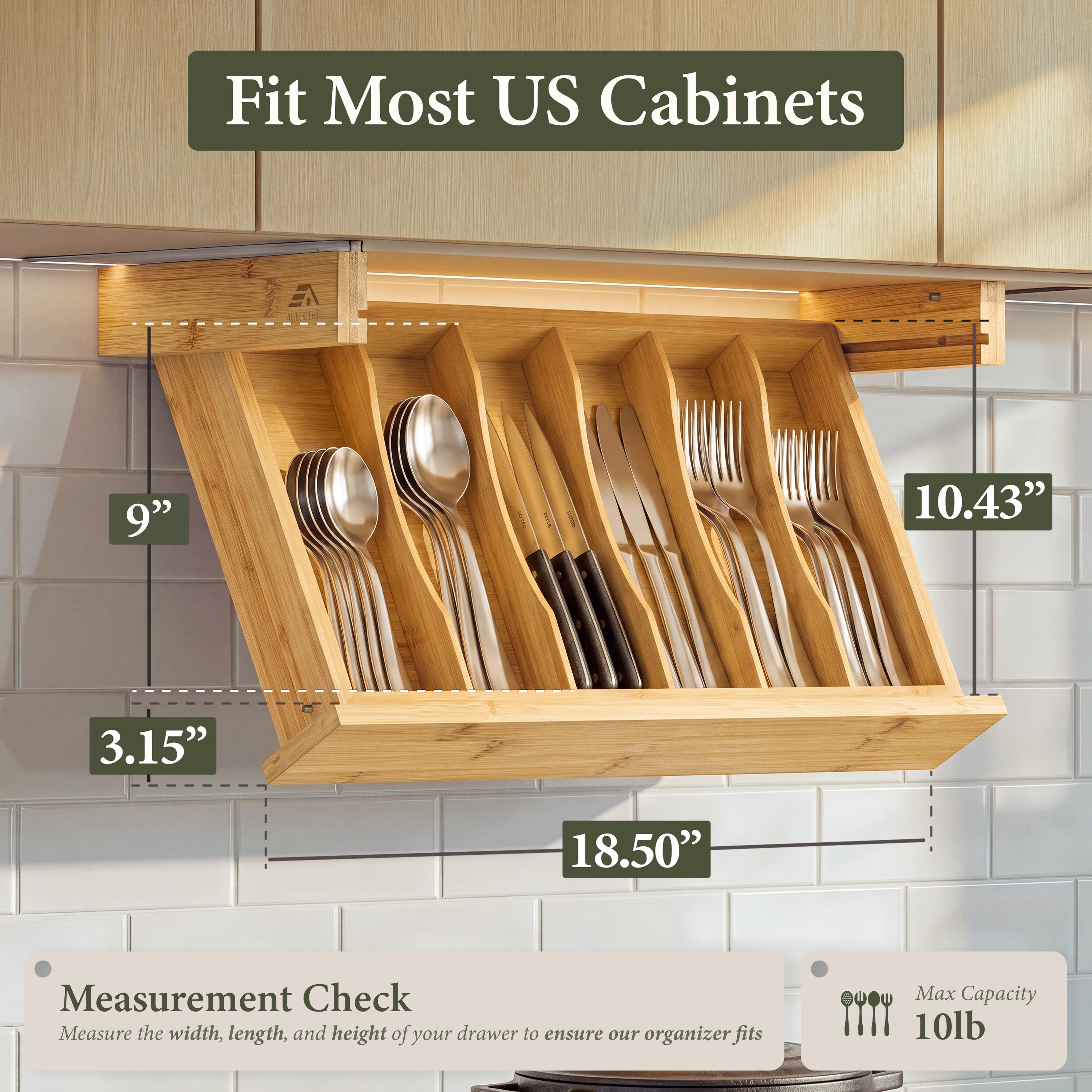HOMESTEAD Bamboo Silverware Organizer, Under Cabinet Pull Down Storage