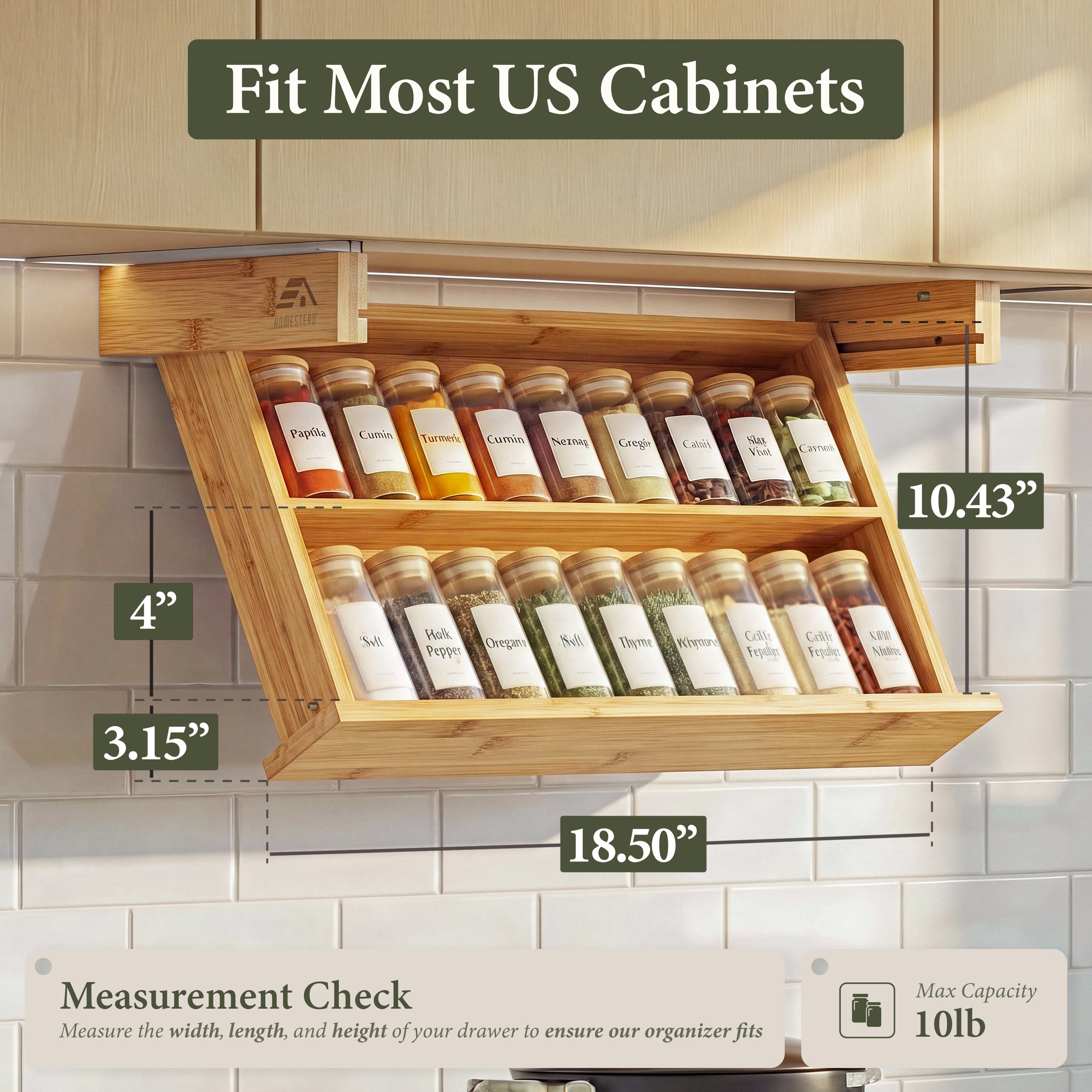 HOMESTEAD Under Cabinet Spice Rack Organizer, Pull Down 2 Tier Bamboo Shelf