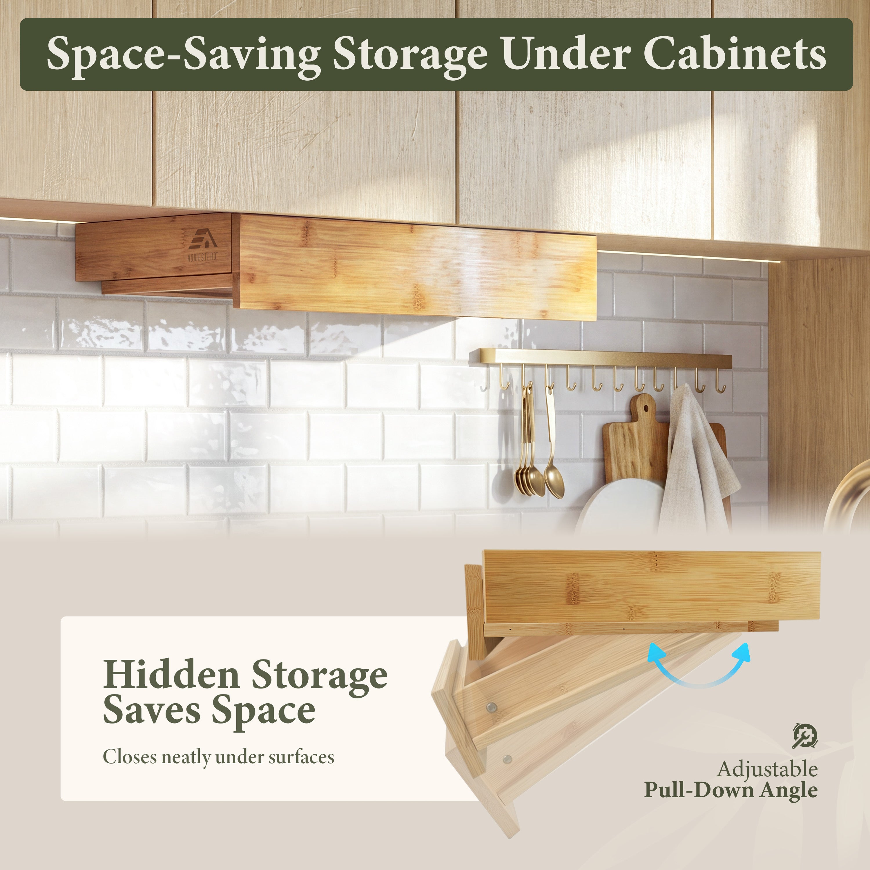 HOMESTEAD Bamboo Silverware Organizer, Under Cabinet Pull Down Storage