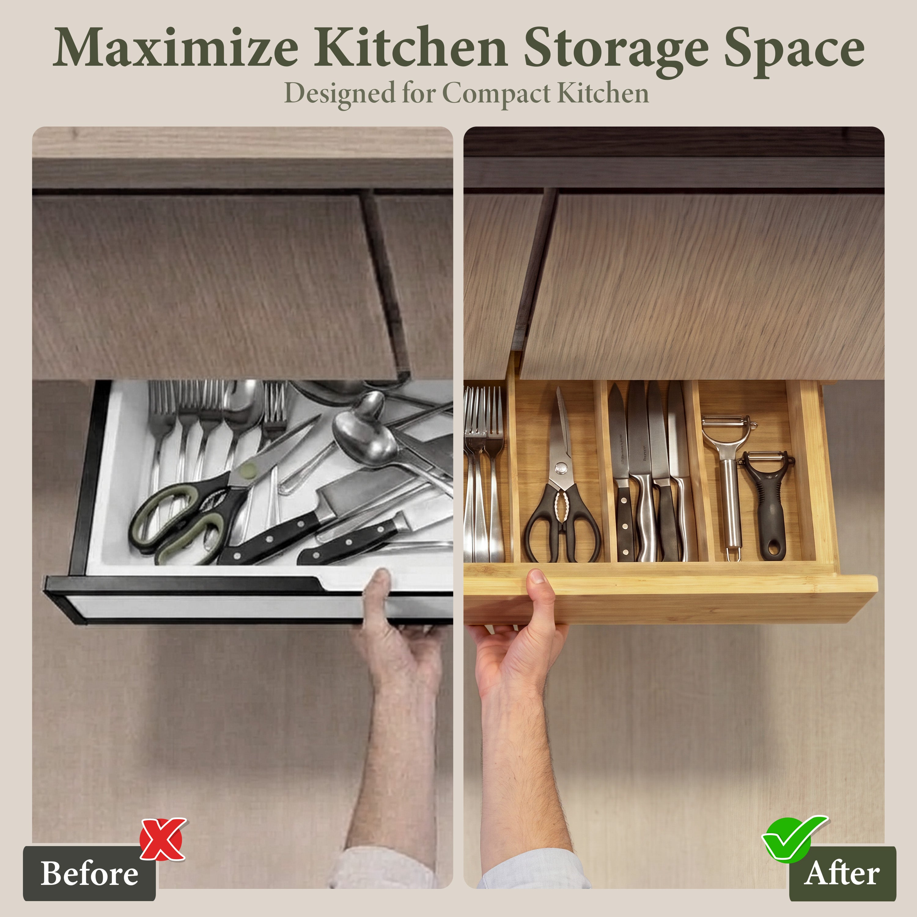 HOMESTEAD Bamboo Silverware Organizer, Under Cabinet Pull Down Storage