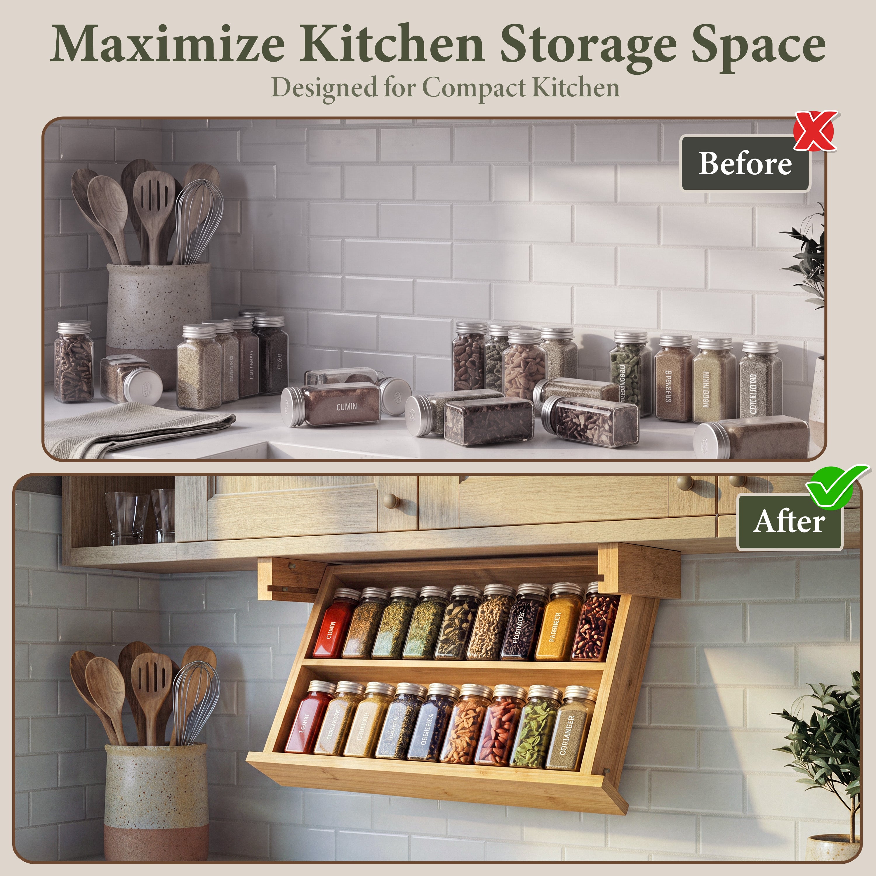 HOMESTEAD Under Cabinet Spice Rack Organizer, Pull Down 2 Tier Bamboo Shelf