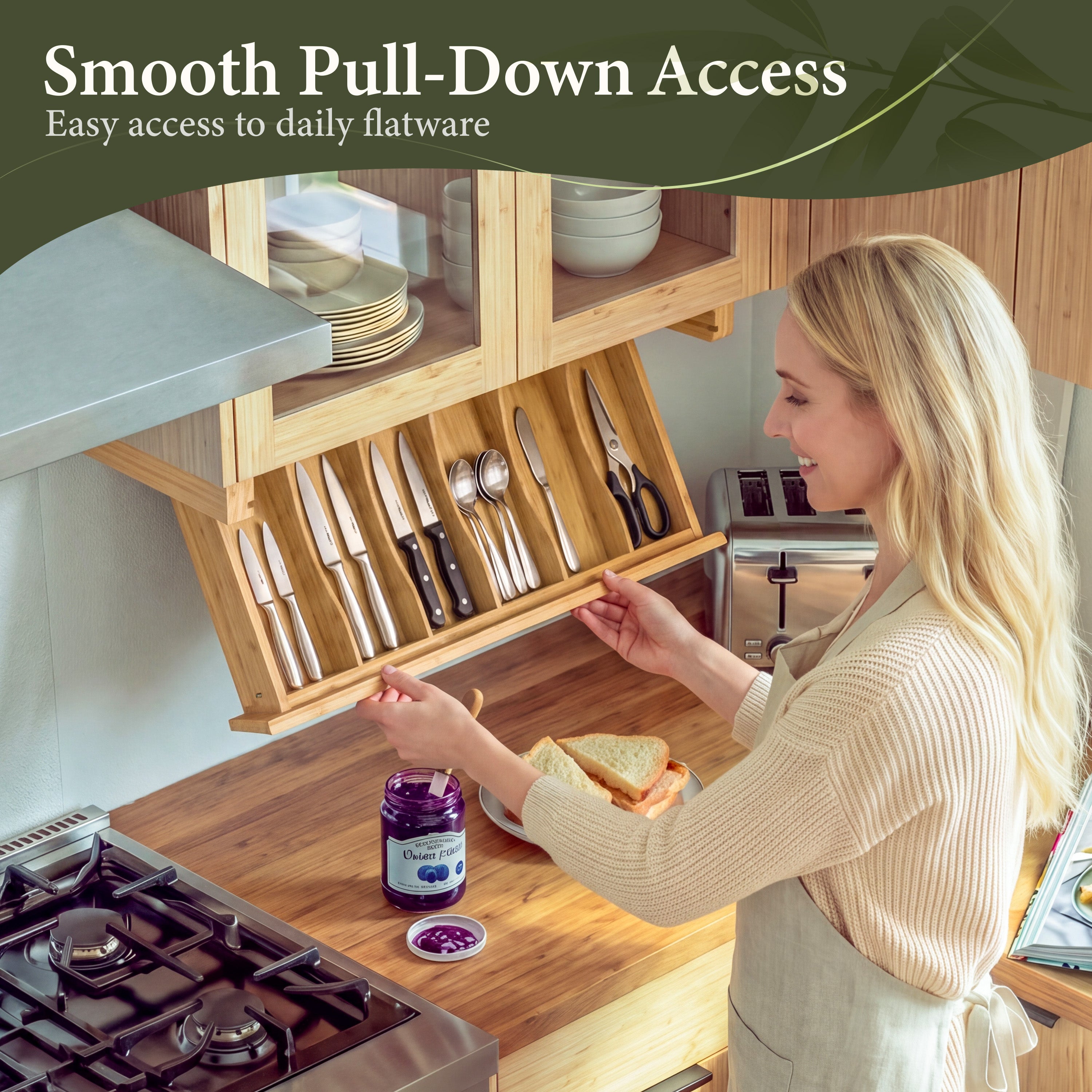 HOMESTEAD Bamboo Silverware Organizer, Under Cabinet Pull Down Storage