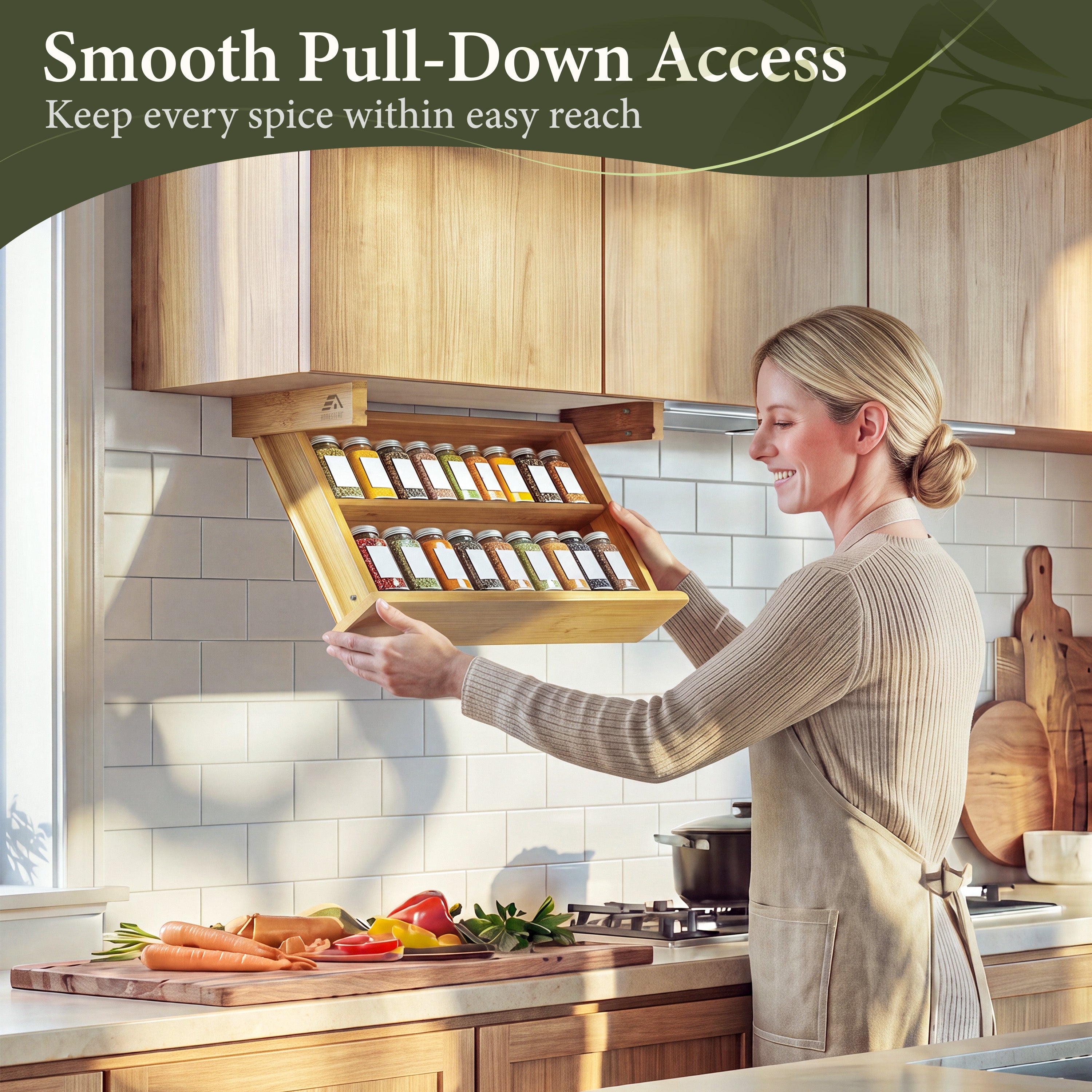 HOMESTEAD Under Cabinet Spice Rack Organizer, Pull Down 2 Tier Bamboo Shelf