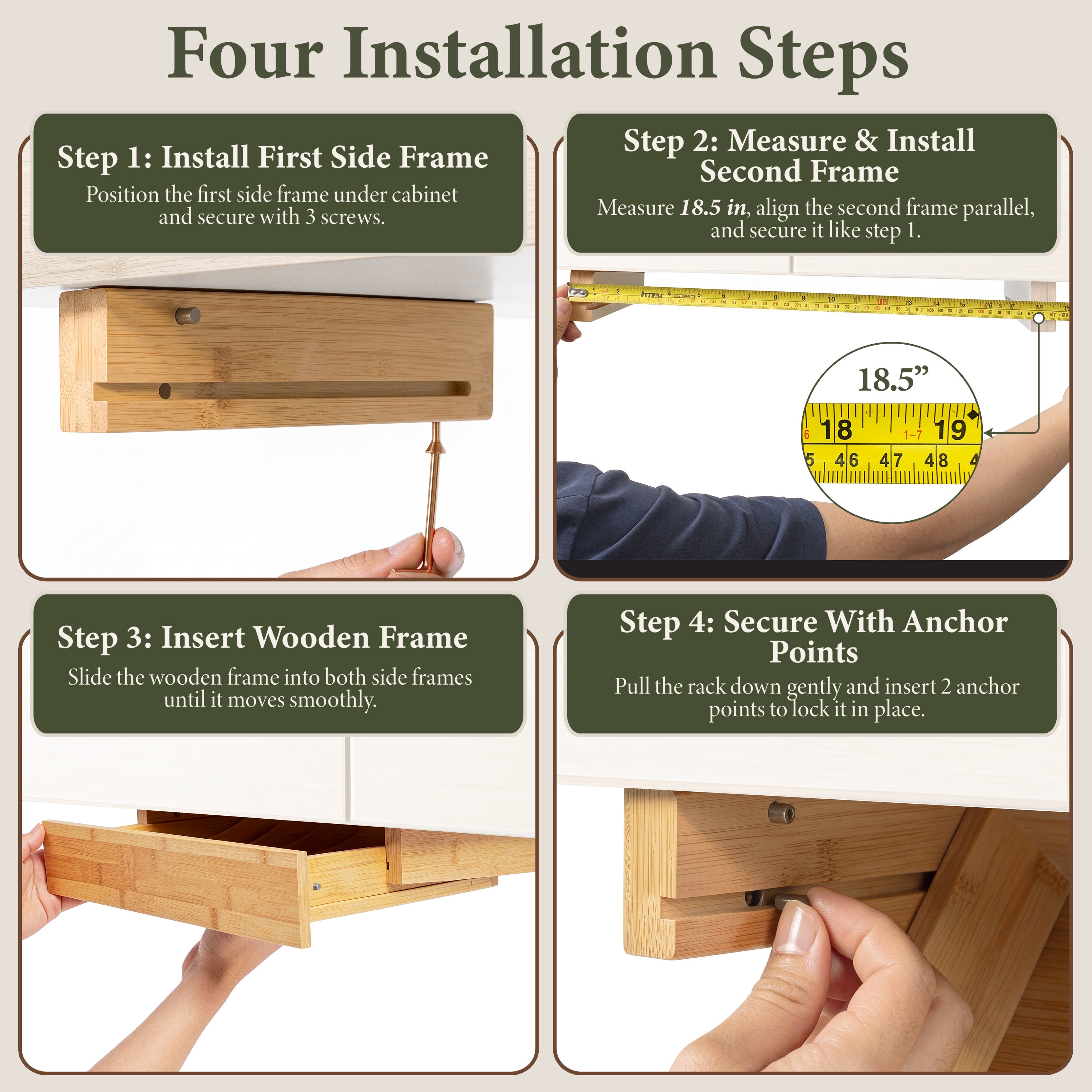 HOMESTEAD Bamboo Silverware Organizer, Under Cabinet Pull Down Storage