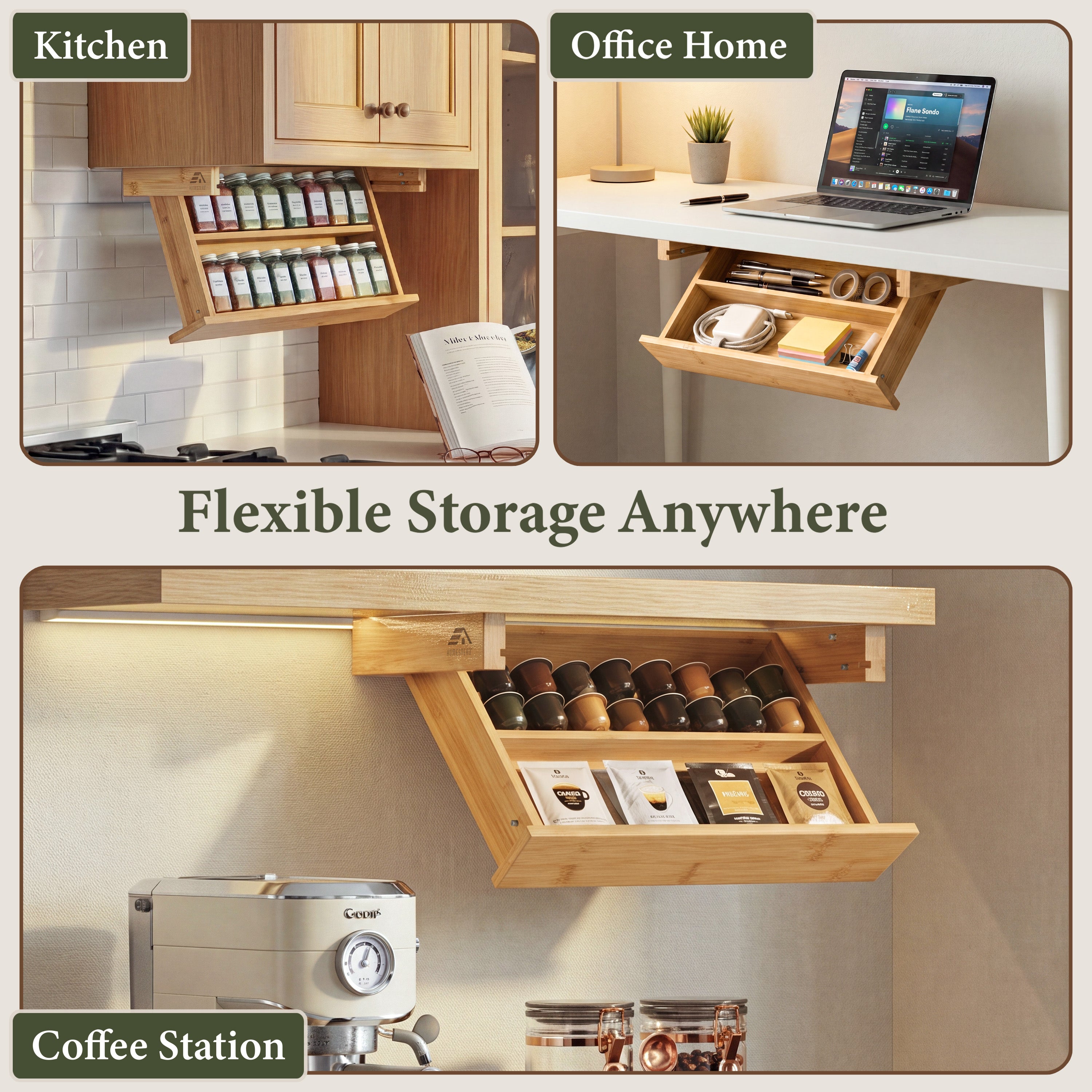 HOMESTEAD Under Cabinet Spice Rack Organizer, Pull Down 2 Tier Bamboo Shelf