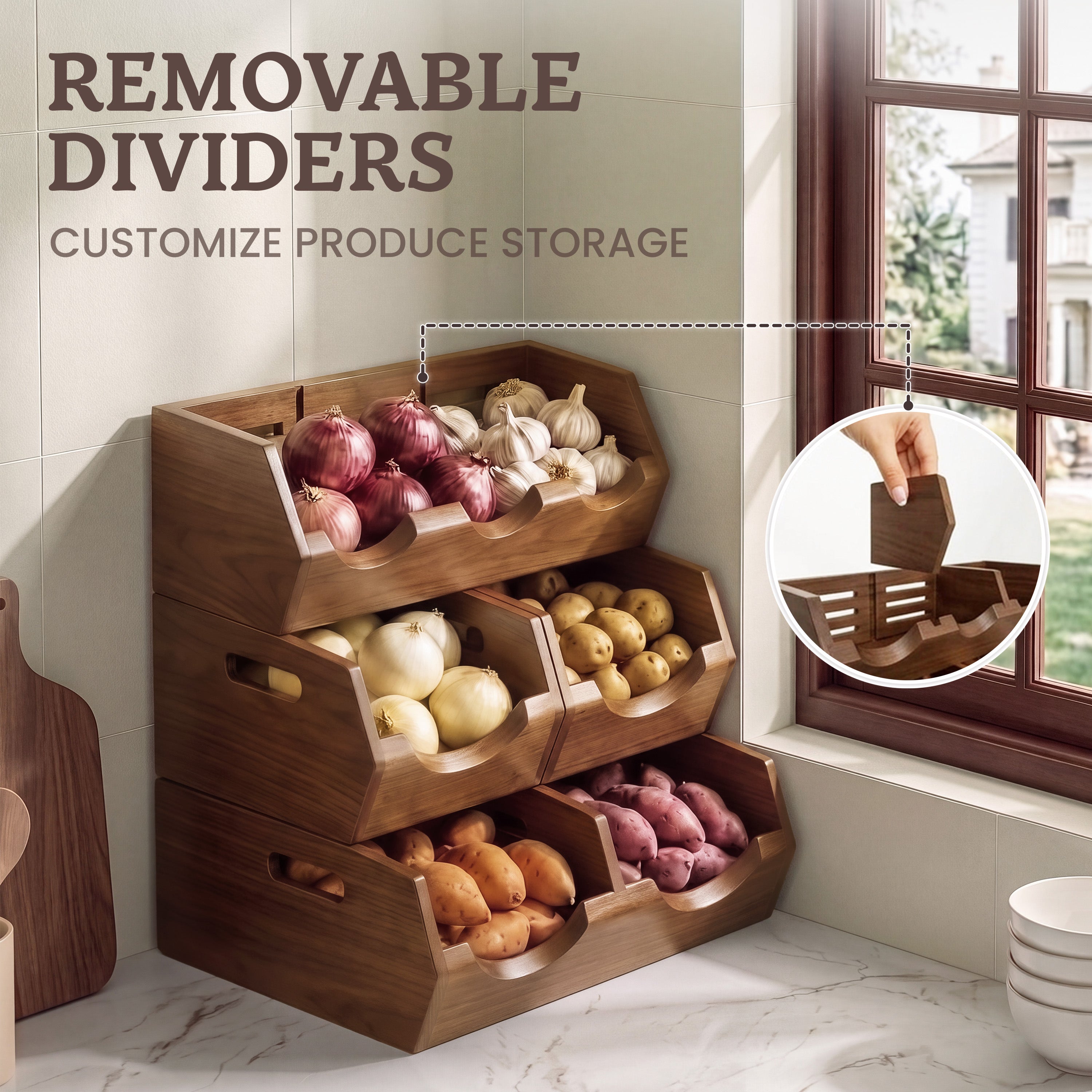 HOMESTEAD 3-Tier Stackable Wood Storage Bin, Ventilated Potato and Onion Storage Organizer with Handles, Wooden Pantry Organizer Bins for Fruit, Vegetables, Potatoes and Onions Storage