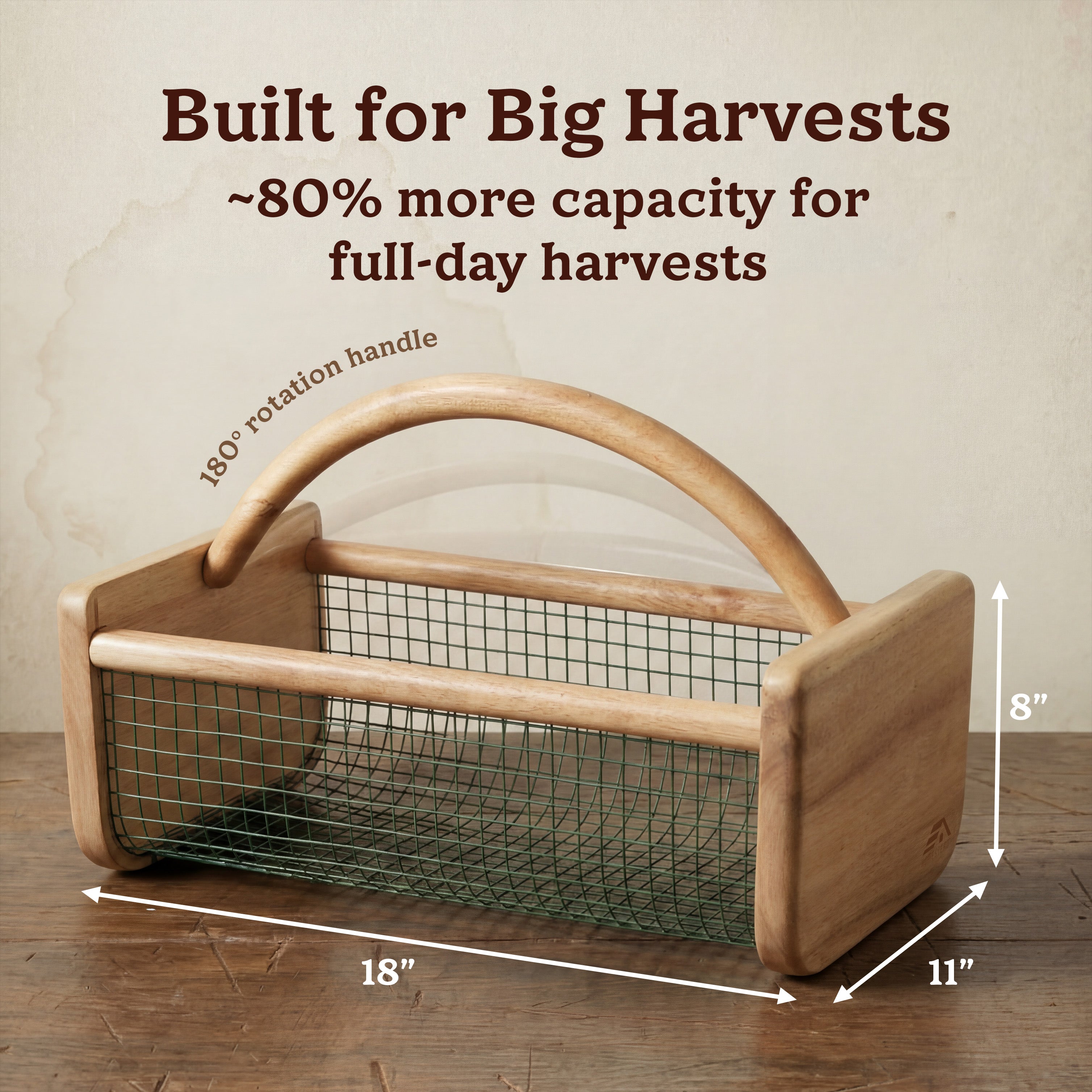 HOMESTEAD Garden Hod Harvest Basket, Durable Acacia Wood Frame with Rotating Handle, Farmhouse Basket for Home Improvement, Gardening, Farm, Kitchen, Indoor Outdoor Use, Natural, Large