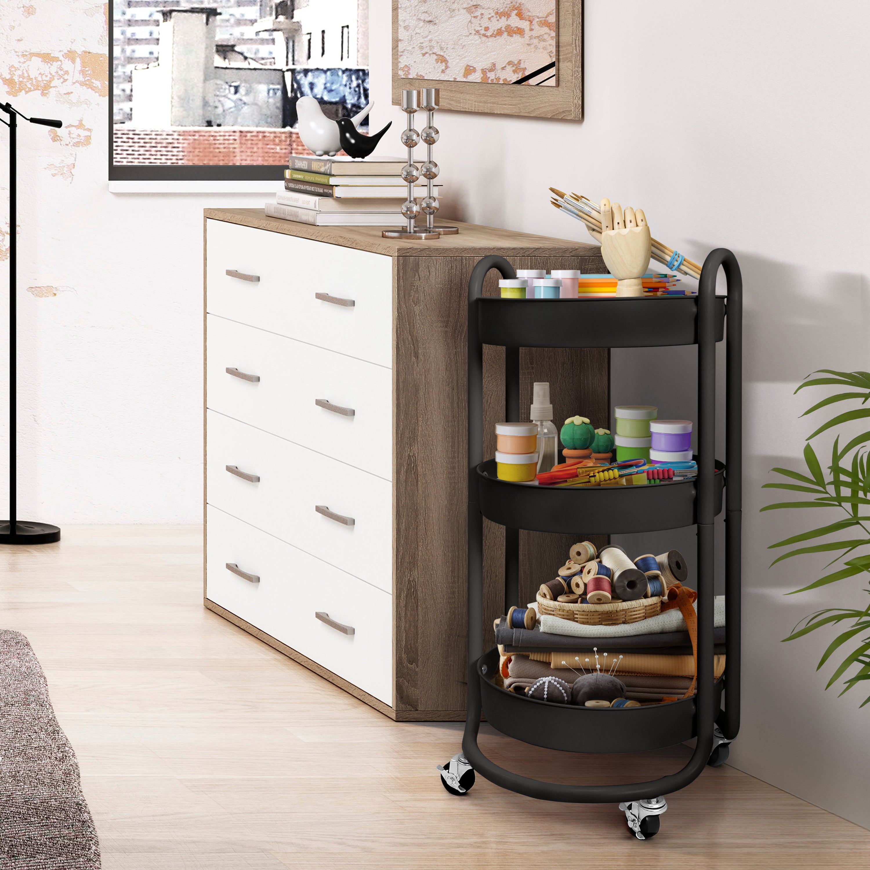 HOMESTEAD 3-Tier Round Rolling Cart - Black