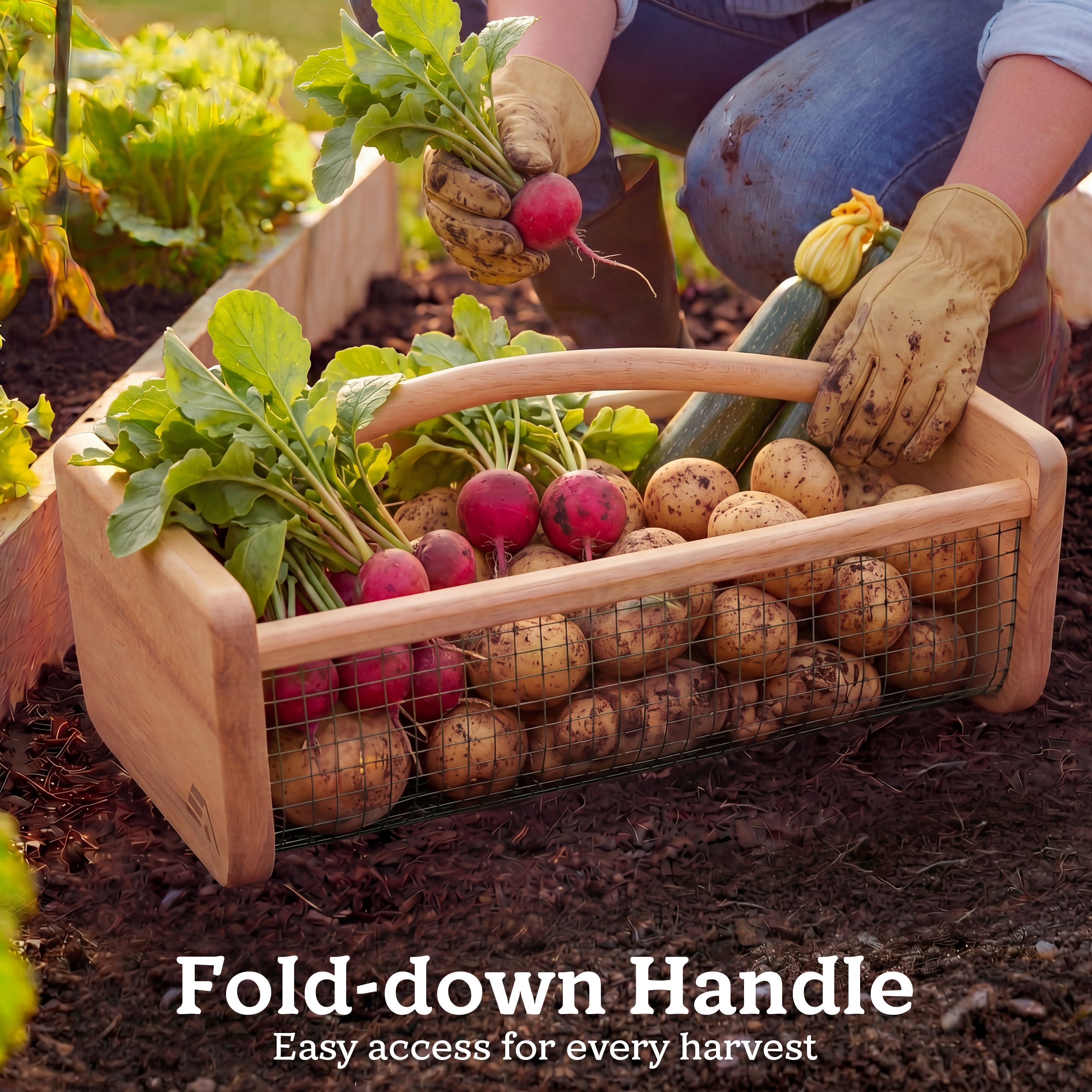 HOMESTEAD Garden Hod Harvest Basket, Durable Acacia Wood Frame with Rotating Handle, Farmhouse Basket for Home Improvement, Gardening, Farm, Kitchen, Indoor Outdoor Use, Natural, Large