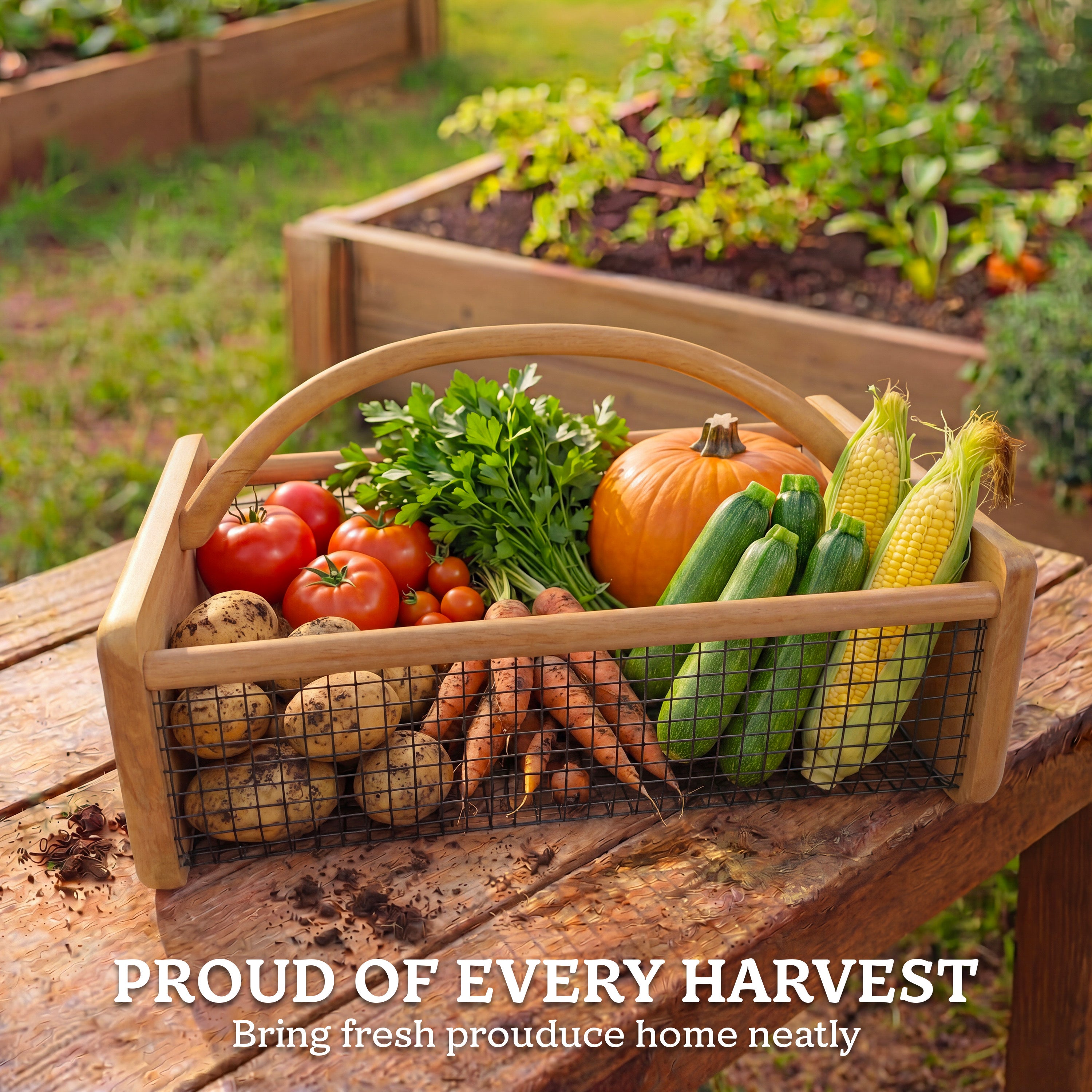 HOMESTEAD Garden Hod Harvest Basket, Durable Acacia Wood Frame with Rotating Handle, Farmhouse Basket for Home Improvement, Gardening, Farm, Kitchen, Indoor Outdoor Use, Natural, Large