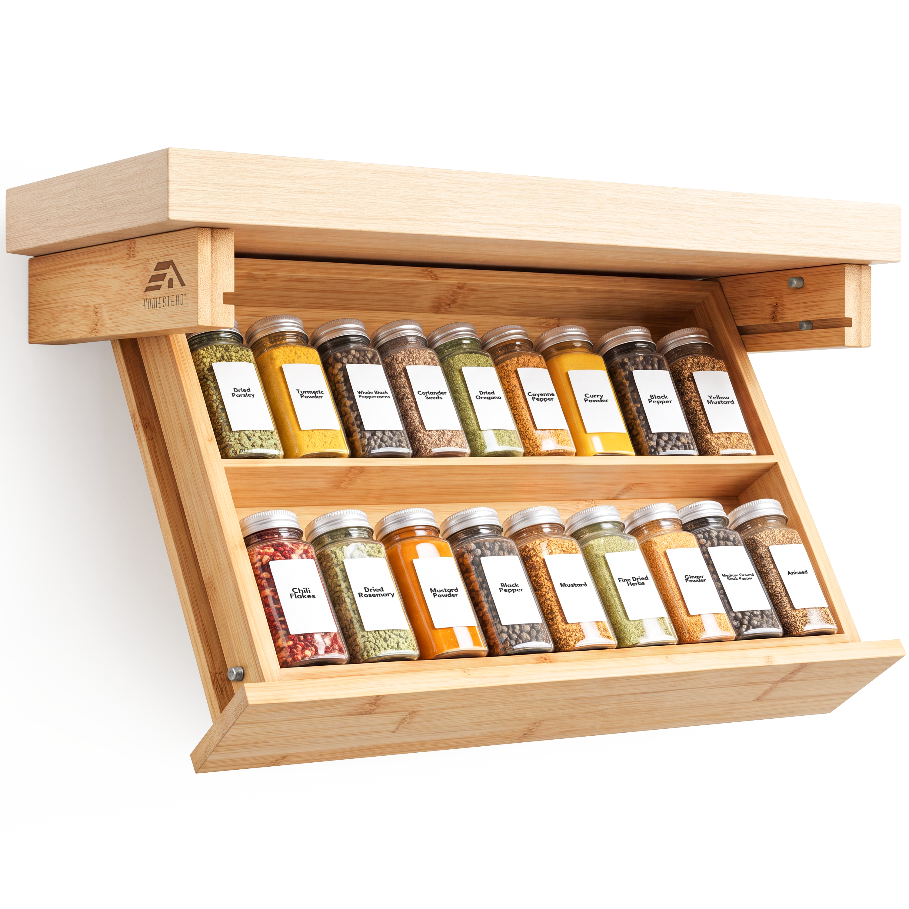 HOMESTEAD Under Cabinet Spice Rack Organizer, Pull Down 2 Tier Bamboo Shelf