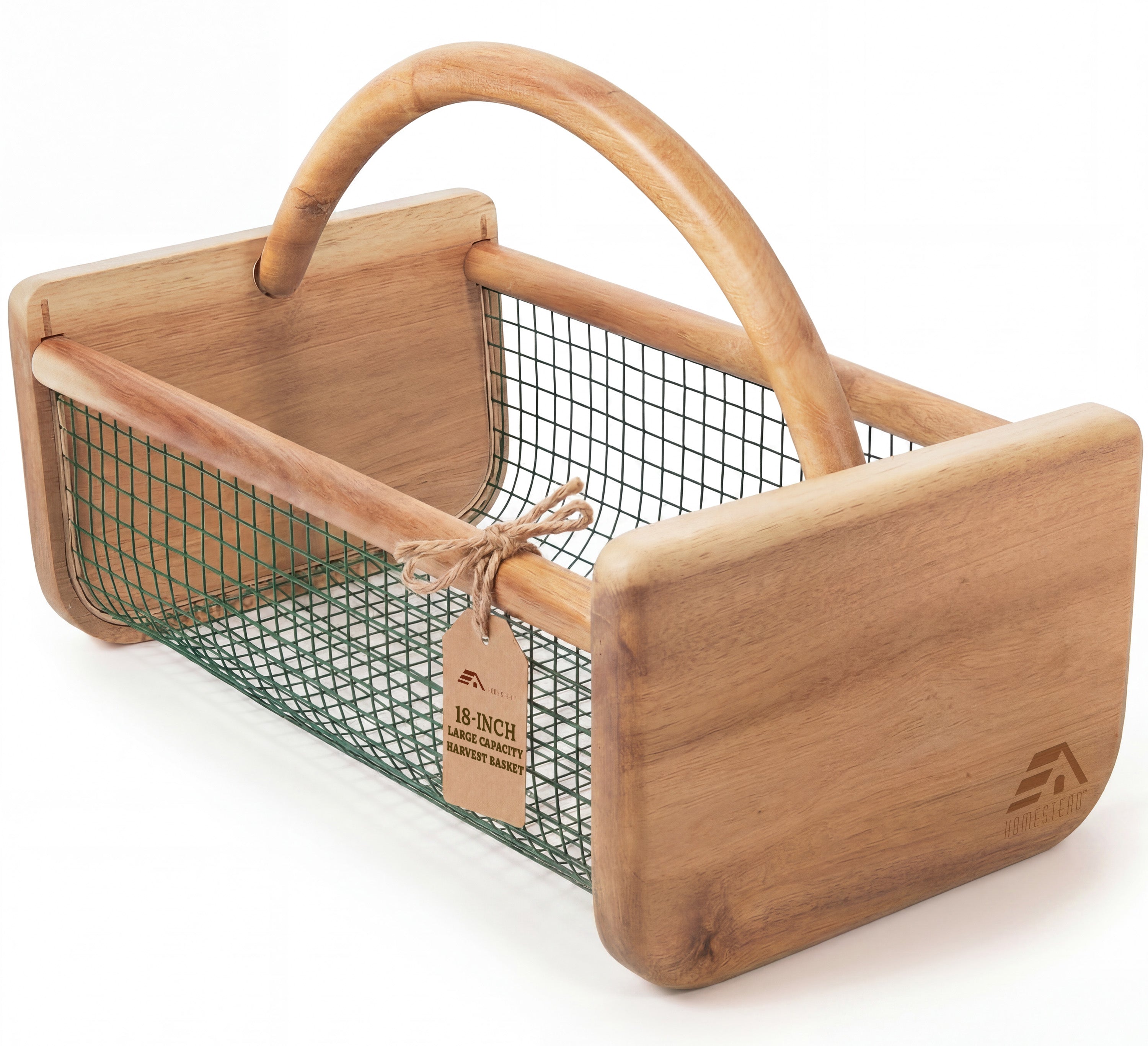 HOMESTEAD Garden Hod Harvest Basket, Durable Acacia Wood Frame with Rotating Handle, Farmhouse Basket for Home Improvement, Gardening, Farm, Kitchen, Indoor Outdoor Use, Natural, Large
