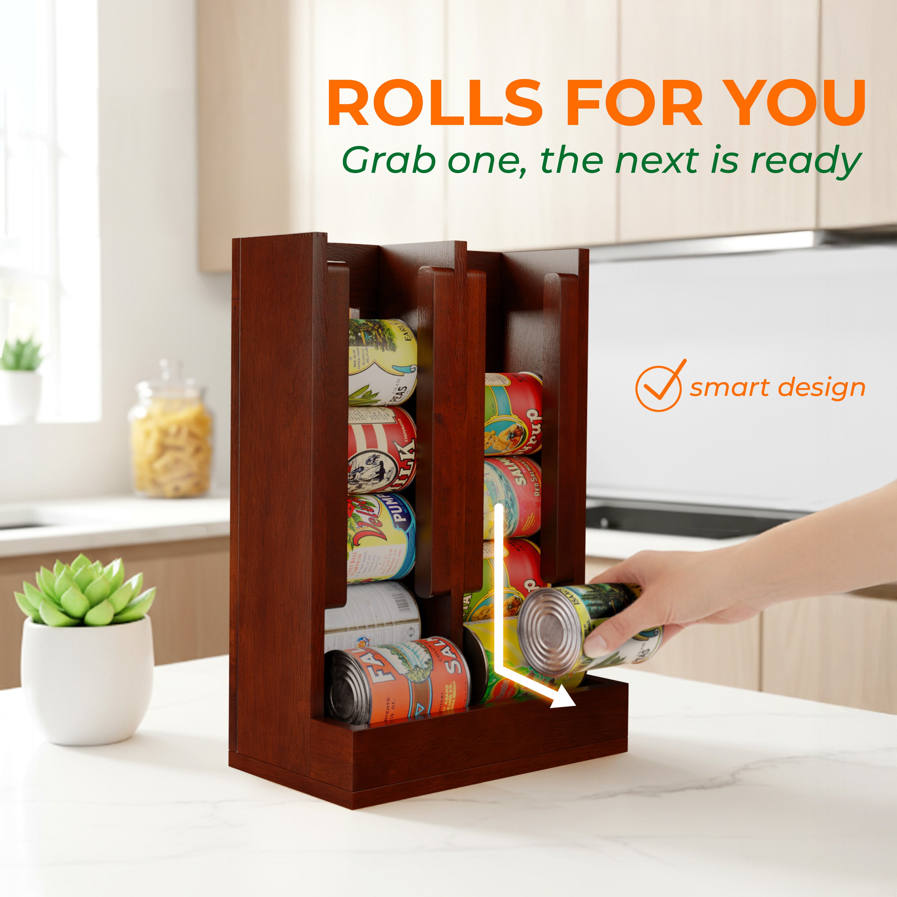 HOMESTEAD Wooden Can Organizer for Pantry, Solid Wood Canned Food Rack, Holds Standard 14.2 oz Cans, Space-Saving Kitchen Storage for Cabinets & Countertops, Brown