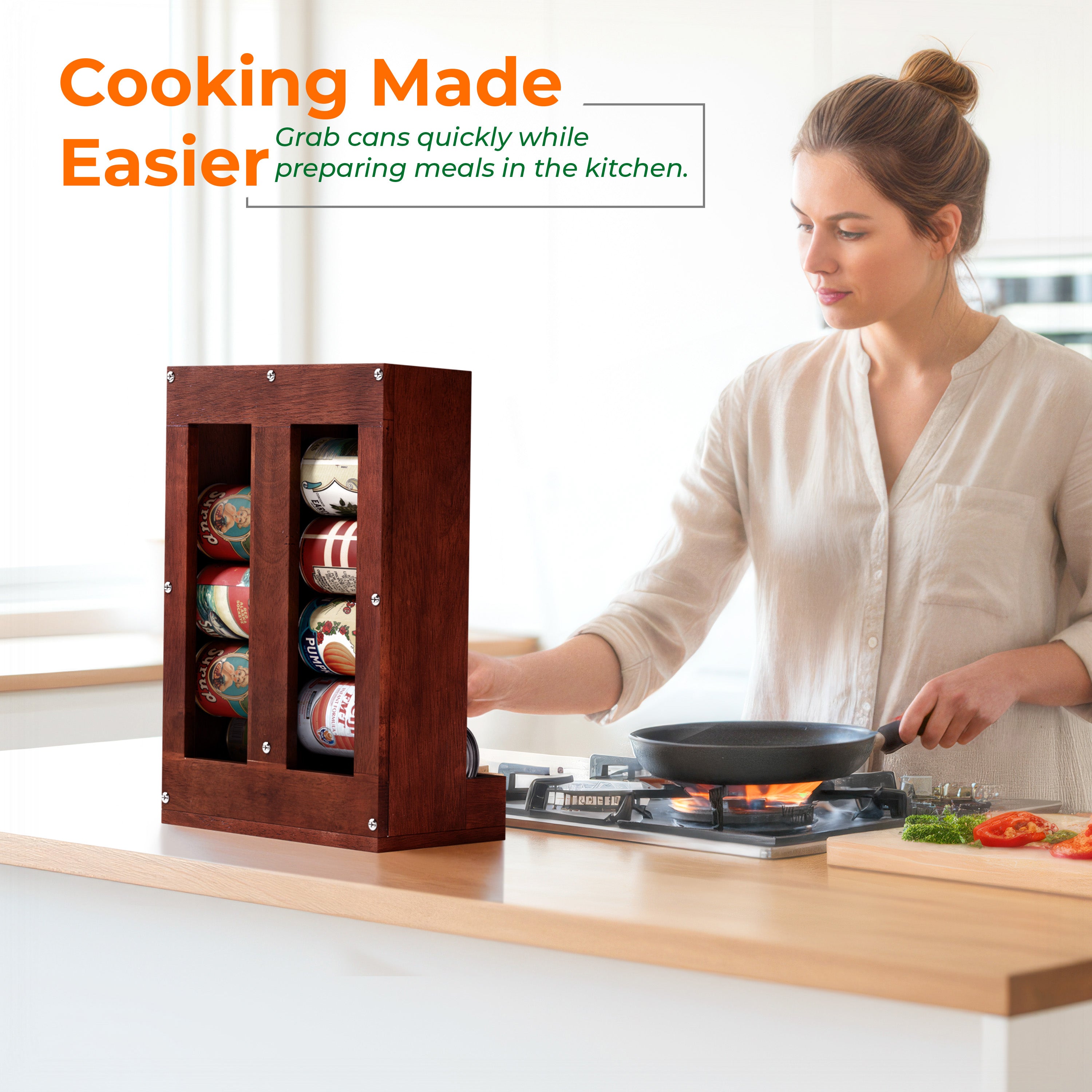 HOMESTEAD Wooden Can Organizer for Pantry, Solid Wood Canned Food Rack, Holds Standard 14.2 oz Cans, Space-Saving Kitchen Storage for Cabinets & Countertops, Brown