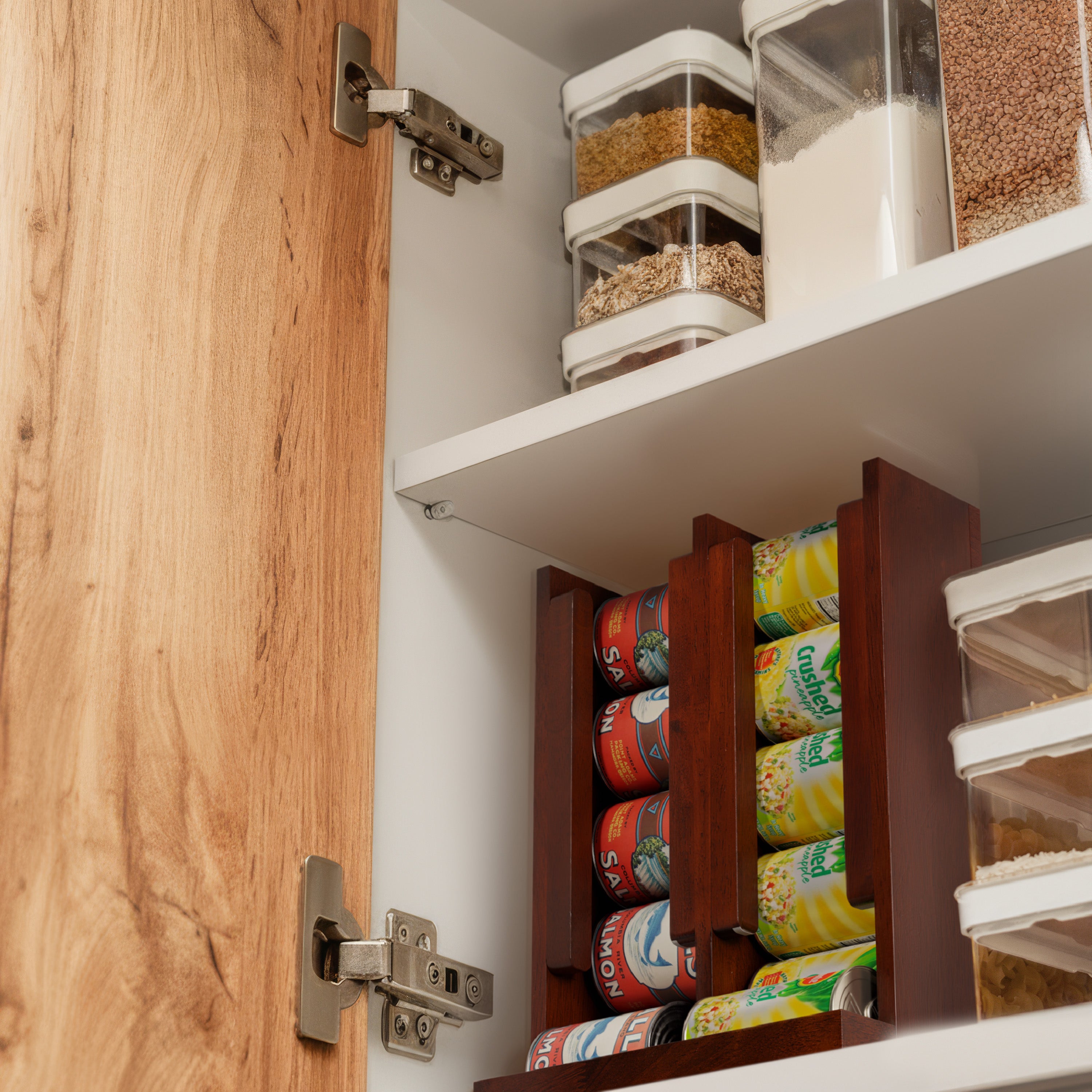 HOMESTEAD Wooden Can Organizer for Pantry, Solid Wood Canned Food Rack, Holds Standard 14.2 oz Cans, Space-Saving Kitchen Storage for Cabinets & Countertops, Brown