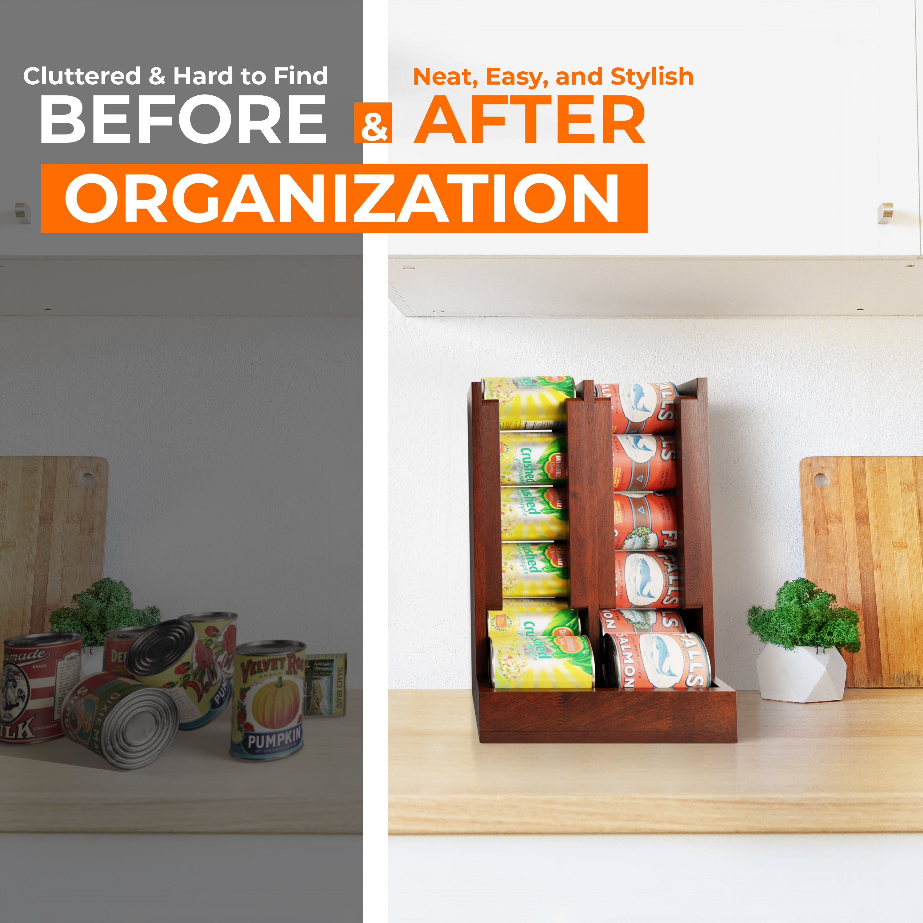 HOMESTEAD Wooden Can Organizer for Pantry, Solid Wood Canned Food Rack, Holds Standard 14.2 oz Cans, Space-Saving Kitchen Storage for Cabinets & Countertops, Brown