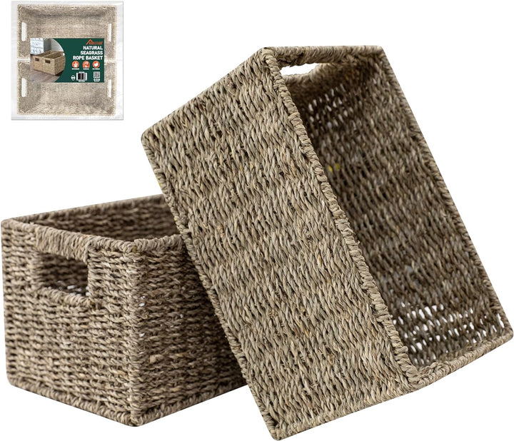 HOMESTEAD Seagrass Baskets with Built-in Handles for Storage, Medium Rectangular Wicker Basket for Bedroom, Living Room, Bathroom, Shelves - 2 Packs