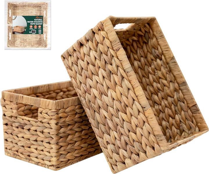 HOMESTEAD Water Hyacinth Storage Baskets with Built-in Handles, Medium Rectangular Wicker Baskets for Bedroom, Living Room, Bathroom, Shelves - 2 Packs