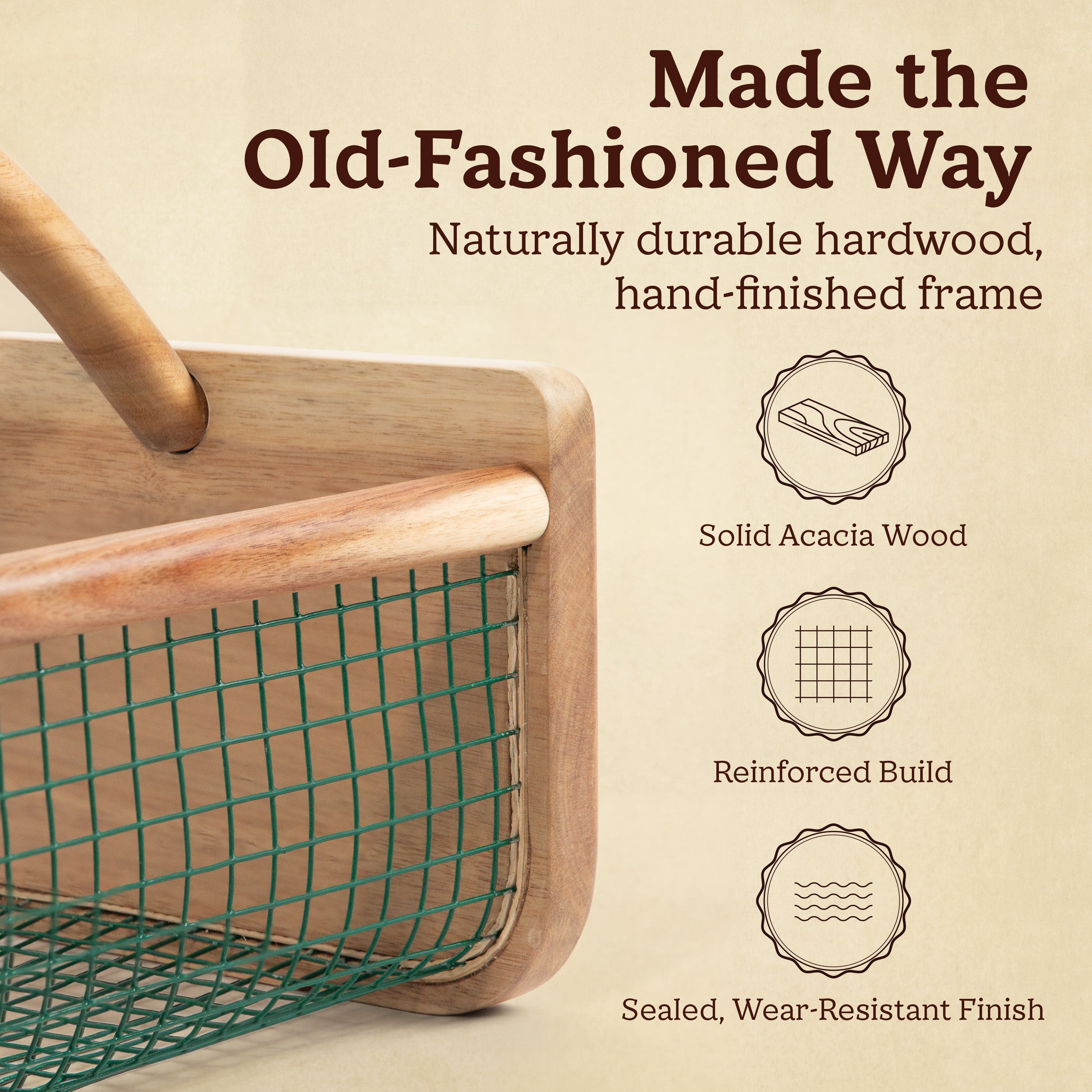 HOMESTEAD Garden Hod Harvest Basket, Durable Acacia Wood Frame with Rotating Handle, Farmhouse Basket for Home Improvement, Gardening, Farm, Kitchen, Indoor Outdoor Use, Natural, Large