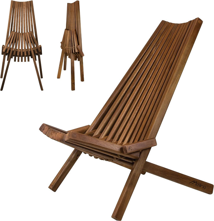 Melino Wooden Folding Chair for Outdoor - Low Profile Acacia Wood Lounge Chair with FSC Certified - Fully Assembled Outdoor Foldable Chairs for Patio, Porch, Pool Deck, Lawn, Garden