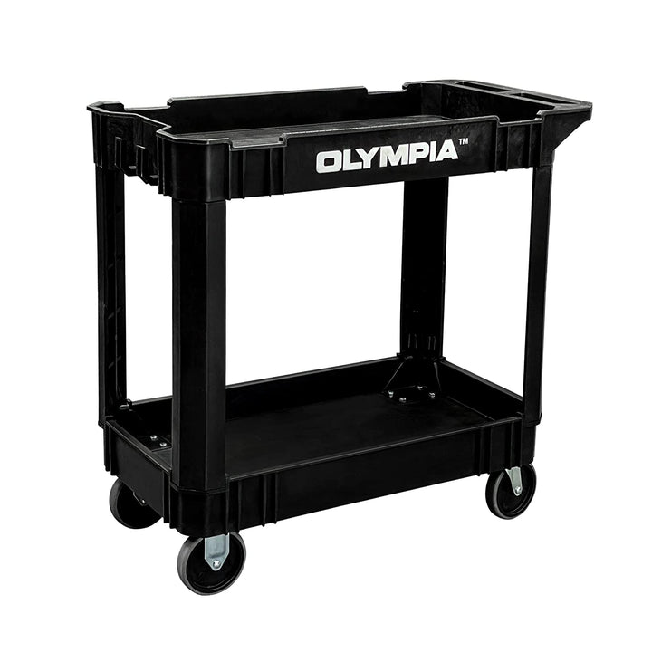 Olympia Tools 2-Shelf Plastic Utility Cart - Supports Up to 500 lbs, Ergonomic Handle - Heavy Duty Plastic Utility Cart - Great for Warehouse, Garage, Manufacturing, Cleaning